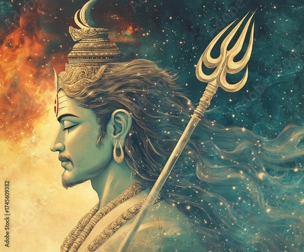 Fototapeta Profile of Lord Shiva with trident and cosmic background, art of Hindu mythology and divine serenity