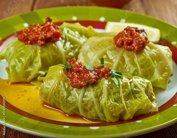 Fototapeta Three cabbage rolls on a plate, topped with a tomato-based sauce.  Fresh, vibrant, and flavorful