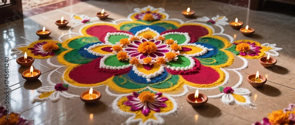Fototapeta Diwali Flatlay Advertisement Tiled Floor Rangoli Patterns Colored Powders Flower Petals Diyas Natural Light Vibrant Colors Cultural Artistry