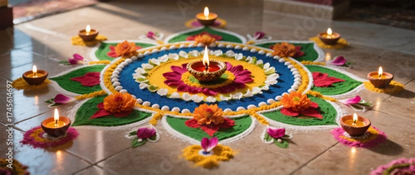 Fototapeta Diwali Flatlay Advertisement Tiled Floor Rangoli Patterns Colored Powders Flower Petals Diyas Natural Light Vibrant Colors Cultural Artistry