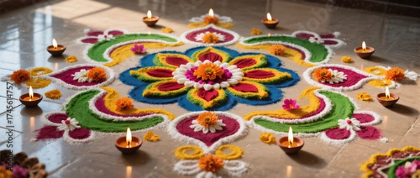 Obraz Diwali Flatlay Advertisement Tiled Floor Rangoli Patterns Colored Powders Flower Petals Diyas Natural Light Vibrant Colors Cultural Artistry