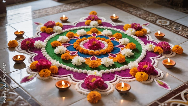 Obraz Diwali Flatlay Advertisement Tiled Floor Rangoli Patterns Colored Powders Flower Petals Diyas Natural Light Vibrant Colors Cultural Artistry