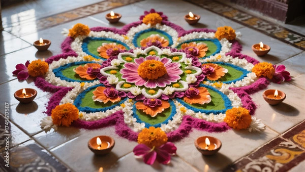 Fototapeta Diwali Flatlay Advertisement Tiled Floor Rangoli Patterns Colored Powders Flower Petals Diyas Natural Light Vibrant Colors Cultural Artistry