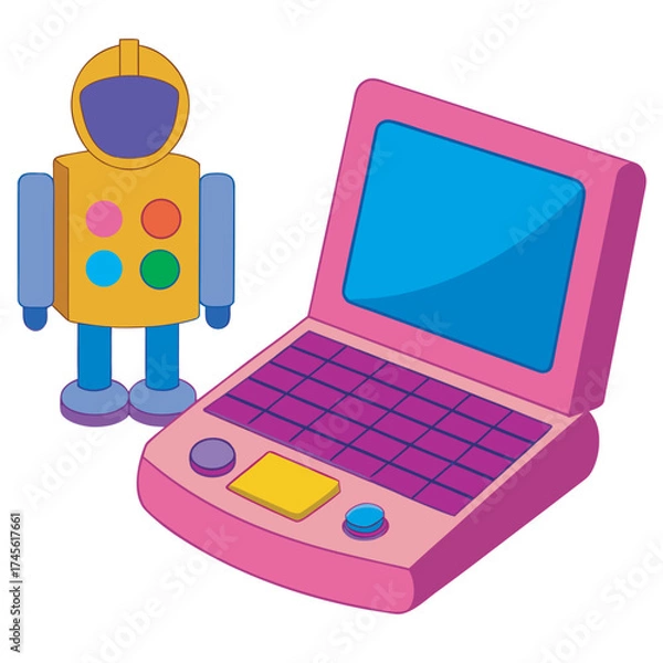 Obraz Cartoon laptop and robot toy, simple design style