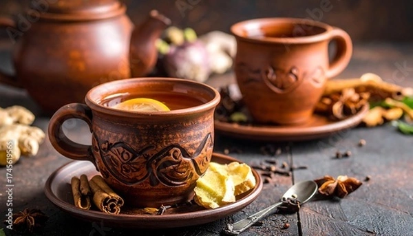 Fototapeta Earthenware teacup filled with spiced tea, garnished with lemon and ginger