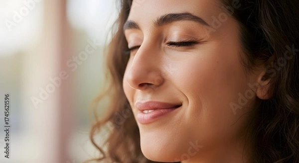 Fototapeta Close up of a serene woman with closed eyes and curly hair in a peaceful expression indoors