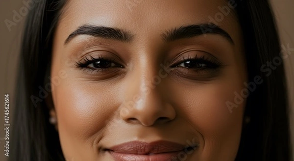 Fototapeta Close up portrait of a smiling woman with dark hair and brown eyes looking at the camera lens