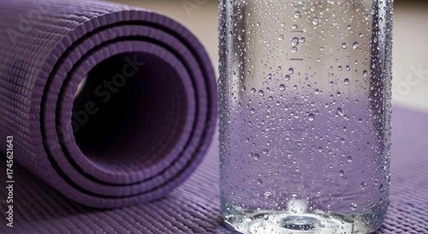Fototapeta A close up of a purple yoga mat rolled up next to a water bottle covered in condensation droplets