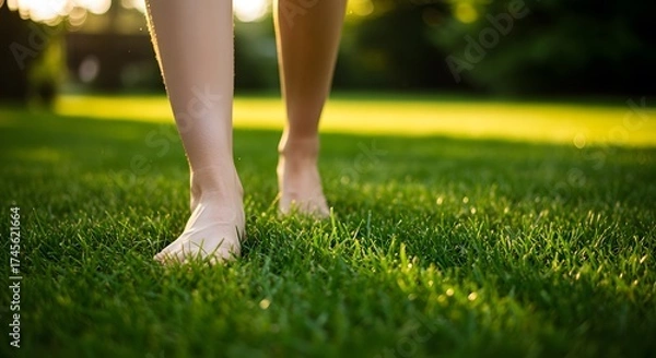 Fototapeta Bare feet walking on green grass in sunlight creating a natural and peaceful summer outdoor scene image