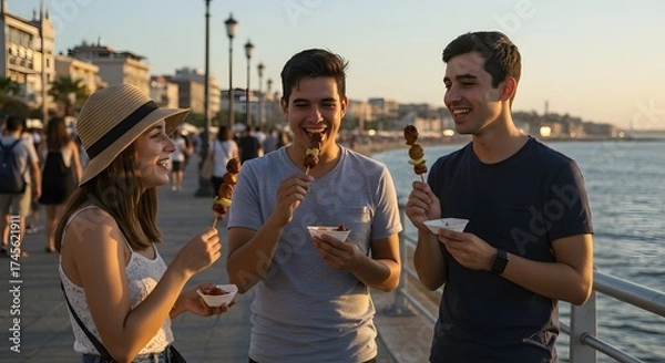 Fototapeta Three friends enjoying meat skewers by the sea at sunset with city buildings in the background view