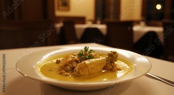 Fototapeta Chicken a la king on a white plate with a parsley garnish in a restaurant setting with dark furniture