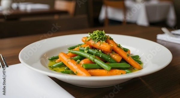 Fototapeta A white plate with glazed carrots and green beans topped with herbs on a wooden table in a restaurant
