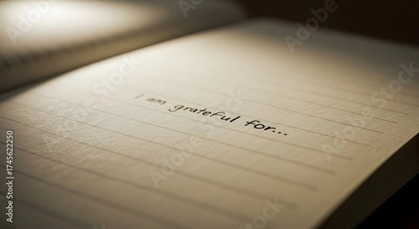 Fototapeta Open notebook with the phrase i am grateful for written on the lined paper in dim lighting conditions