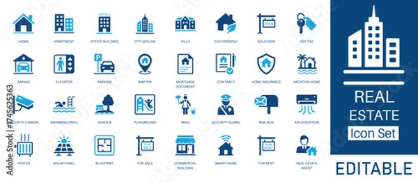 Fototapeta Real Estate and Property Investment solid icon set. Contains symbols for For Sale Sign, Mortgage, Smart Home, and Solar Panel. Flat vector design for real estate listings and property marketing.