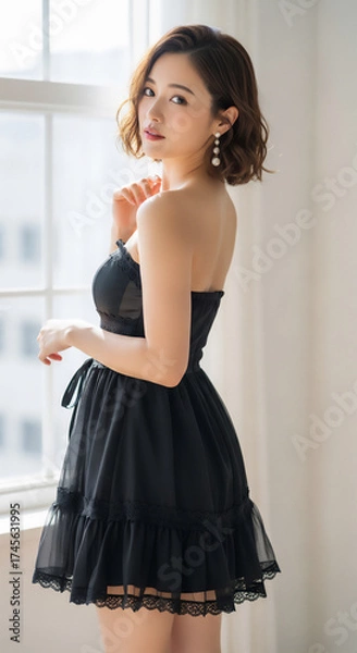 Obraz 黒いドレスを着た大人の女性ポートレート　上品でエレガントな雰囲気のファッションモデル
