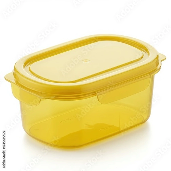 Fototapeta Bright yellow transparent plastic food storage container with a secure locking lid for leftovers