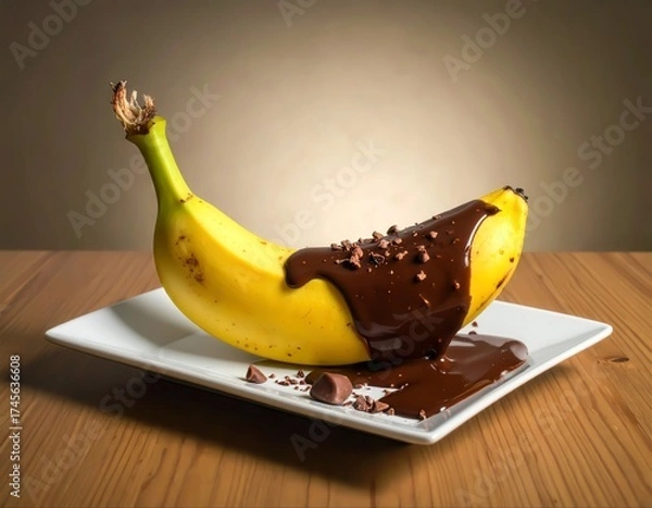 Fototapeta Banana with melting chocolate dessert and cacao nibs