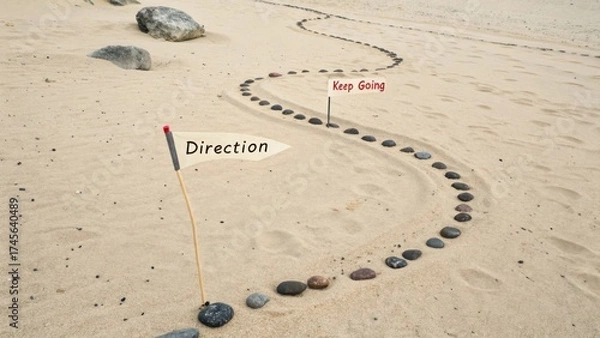 Fototapeta Creative Pathway of Stones with Direction Flags on Sandy Beach