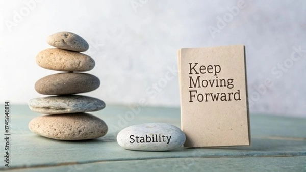 Fototapeta Motivational Stones and Card for Stability and Progress Message