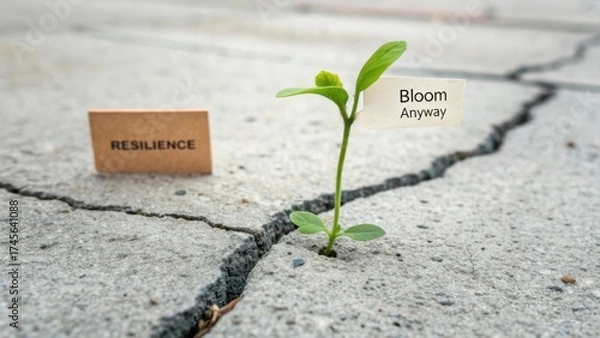 Fototapeta Resilience of Nature: Small Plant Growing Through Cracks in Concrete