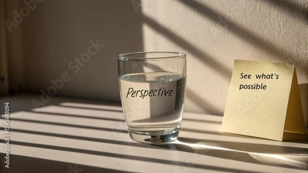 Fototapeta Perspective in a Glass of Water with Inspirational Note on Table