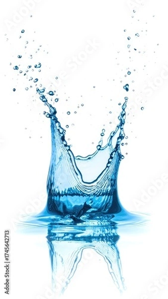 Fototapeta Water splash in blue, crown-like shape, with droplet details and a reflective pool