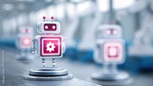 Obraz futuristic robot icon glowing above blurred smart factory floor with robotic arms, symbol of automation and industry 4.0