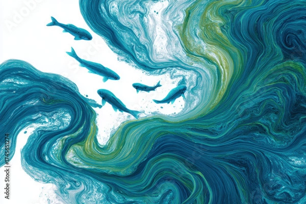 Fototapeta Abstract artwork of blue fish swimming in a swirling ocean. An artistic representation features several blue fish gracefully moving through vibrant, swirling water, a dynamic visual.