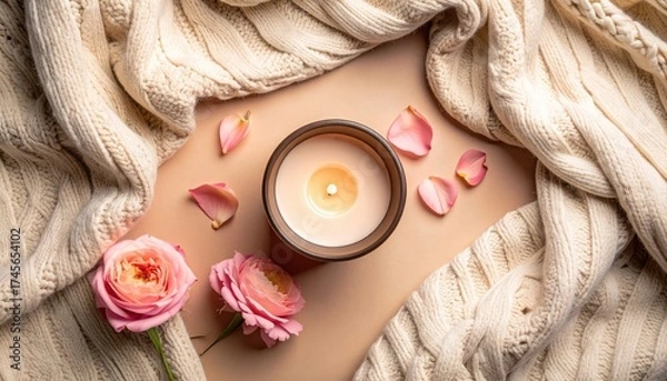 Fototapeta Relaxing candlelit setup with roses cozy indoor space aesthetic still life warm lighting serene ambiance