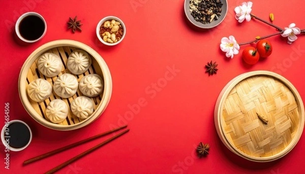 Fototapeta Delicious dumplings feast kitchen table food photography vibrant setting top view culinary delight