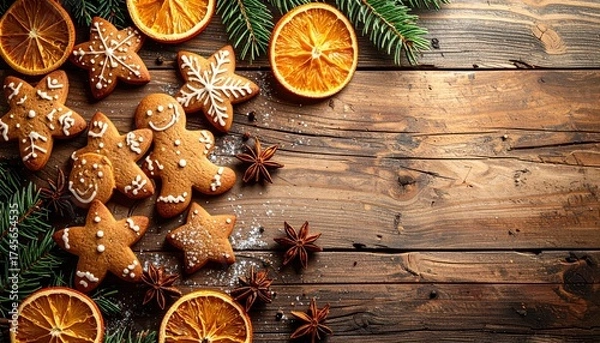 Fototapeta Baking festive gingerbread cookies cozy home kitchen food photography rustic setting top-down view holiday cheer