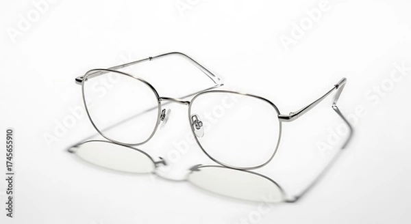 Fototapeta Stylish silver-framed eyeglasses with clear lenses, reflecting on a pristine white surface, showcasing modern optical design and elegant vision wear