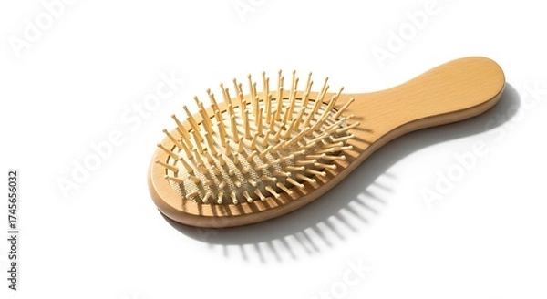 Fototapeta Wooden hairbrush with metal bristles and a smooth handle casting a shadow on a white background, isolated studio shot