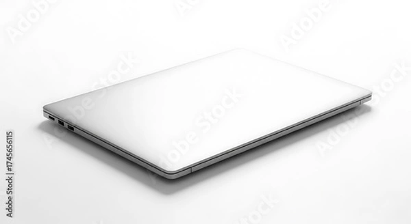 Fototapeta A modern, slim aluminum laptop shown closed and isolated on a white studio background. Concept of portable technology, work, and digital mobility