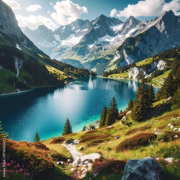 Fototapeta Stunning lake with lush greenery and majestic mountains