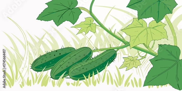 Fototapeta Vector illustration of fresh cucumbers grow among vibrant green leaves on dark grassy back-view.