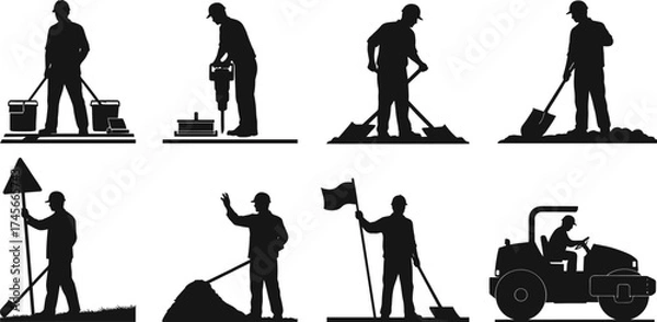 Fototapeta Construction workers silhouettes, roadwork labor people, jackhammer operator, shovel digging, traffic control, road roller machine, building site job, cad drawing flat vector illustration