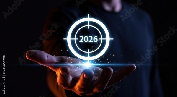 Fototapeta A hand holds a glowing target symbol with the year 2026, goals future aspirations in a dark background.