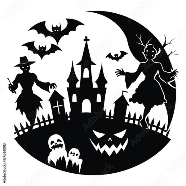 Fototapeta Spooky halloween silhouette scene with haunted castle scarecrows ghosts bats and jack o lantern under a crescent moon