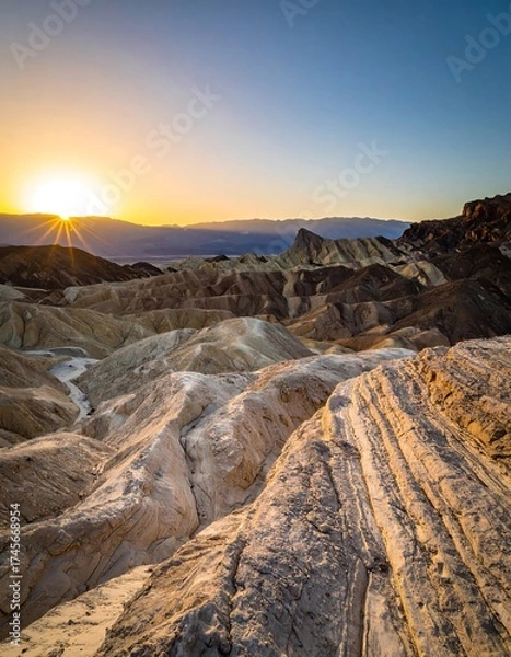 Fototapeta Sunset casts a golden glow on a desert landscape