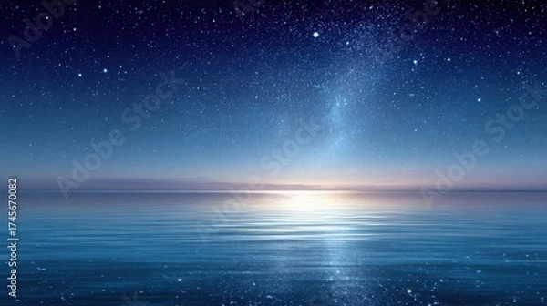 Obraz starry night sky above calm sea, reflection of light, peaceful and inspiring mood, minimalistic