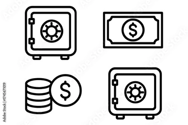 Fototapeta Finance icon set for money savings. Bank vault, safe deposit box symbol. Dollar bill cash banknote illustration. Stack of coins. Banking investment security wealth concept.