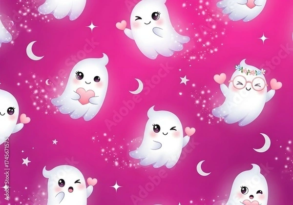 Fototapeta Whimsical Cute Ghosts Pattern with Hearts on Pink Background