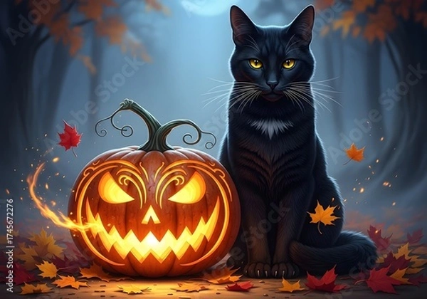 Fototapeta Mysterious Black Cat and Jack-o'-Lantern in Autumn Forest
