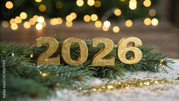 Fototapeta A festive arrangement featuring the year 2026 in gold, surrounded by evergreen branches and soft, glowing lights.