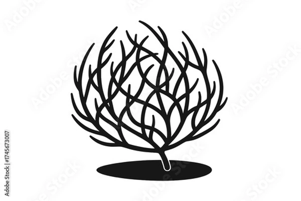 Obraz Tumbleweed vector icon, black silhouette of a dry desert bush. Western wild west symbol. Arid climate plant, rolling weed isolated illustration. Nature, steppe graphic element.