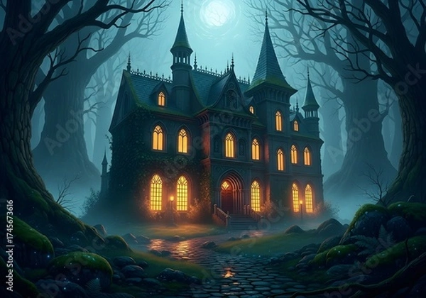 Fototapeta Enchanted Gothic Mansion in a Mysterious Forest at Night