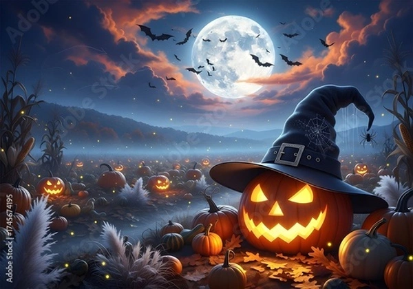 Fototapeta Enchanted Halloween Pumpkin Patch Under Moonlight