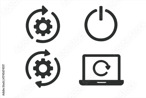 Obraz Update and reboot vector icon set. Technical process, system restart, and power button symbols. Laptop screen with refresh sign. Software update and settings icons.