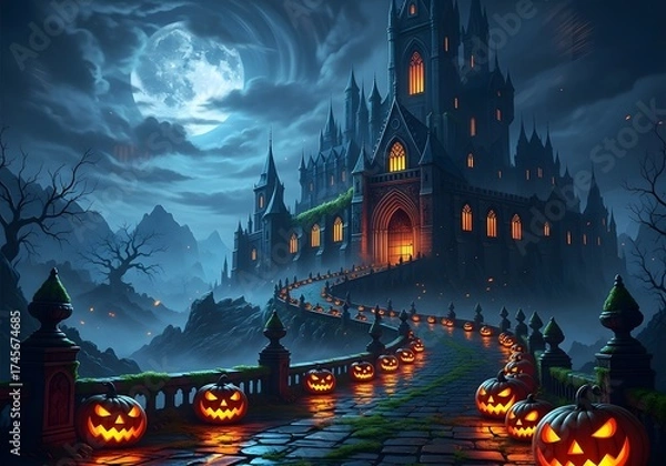 Fototapeta Gothic Castle Path with Jack-o'-Lanterns on a Full Moon Halloween Night